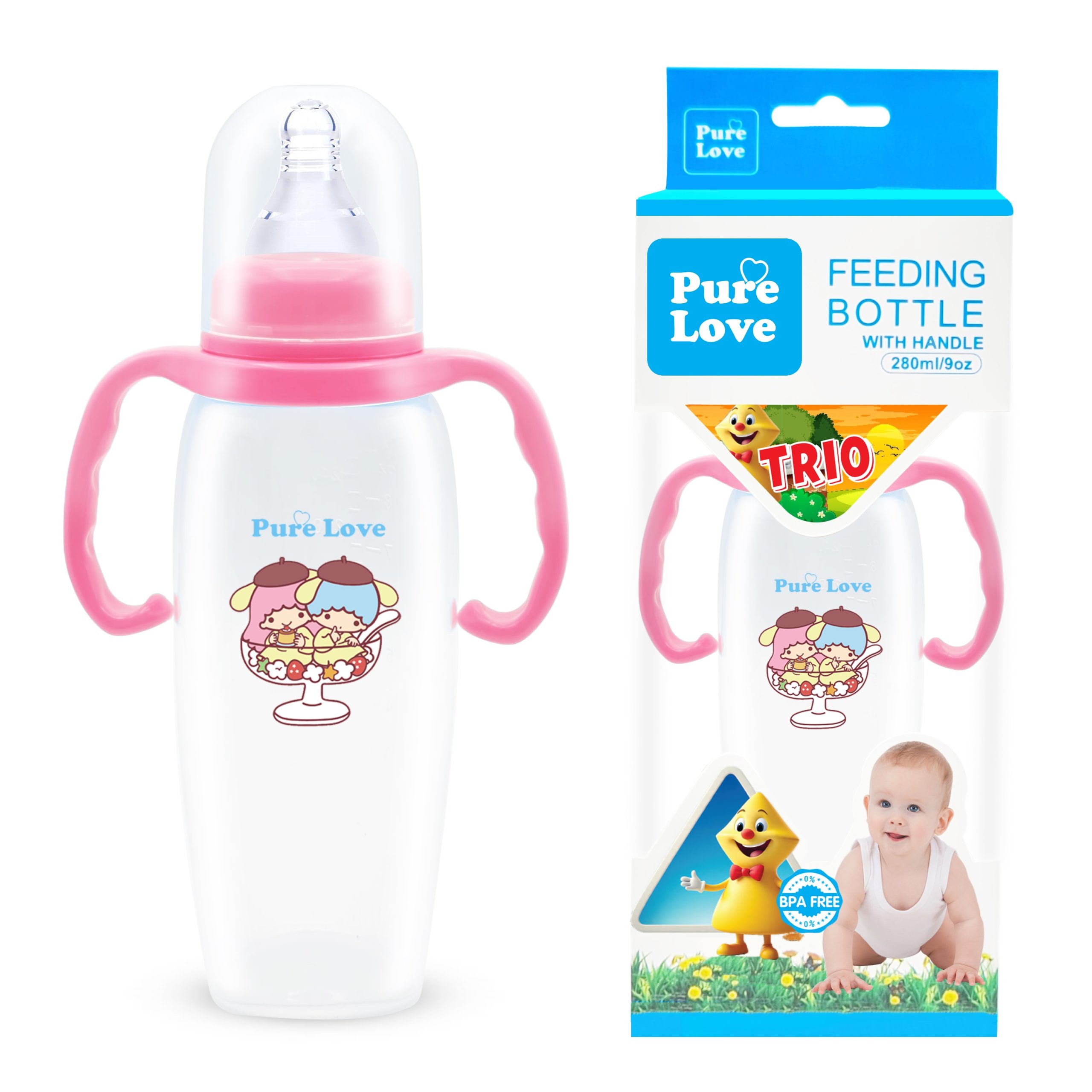 Pure Love Baby Feeding Feeder Bottle – TRIO Series (Transparent, 280ml / 9oz) - Image 3
