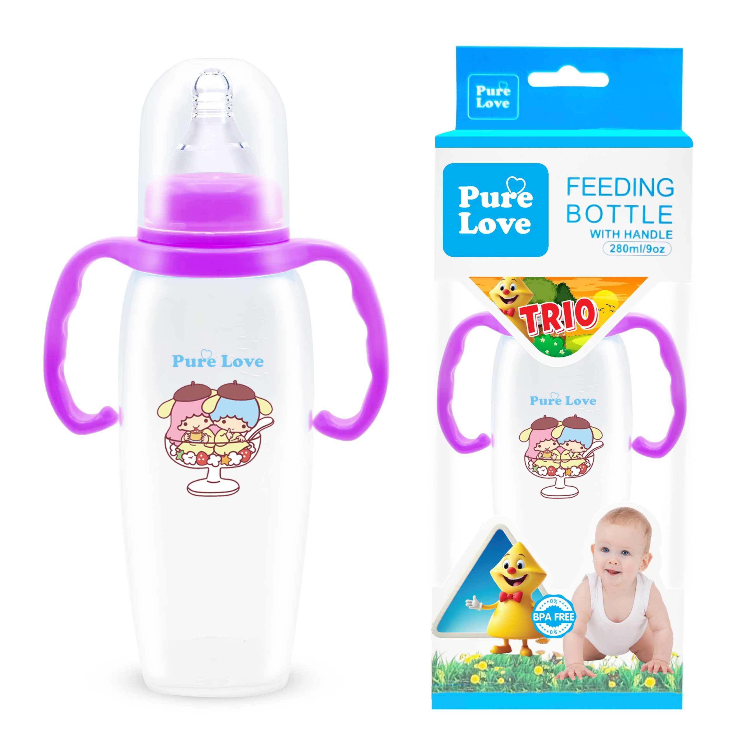 Pure Love Baby Feeding Feeder Bottle – TRIO Series (Transparent, 280ml / 9oz)