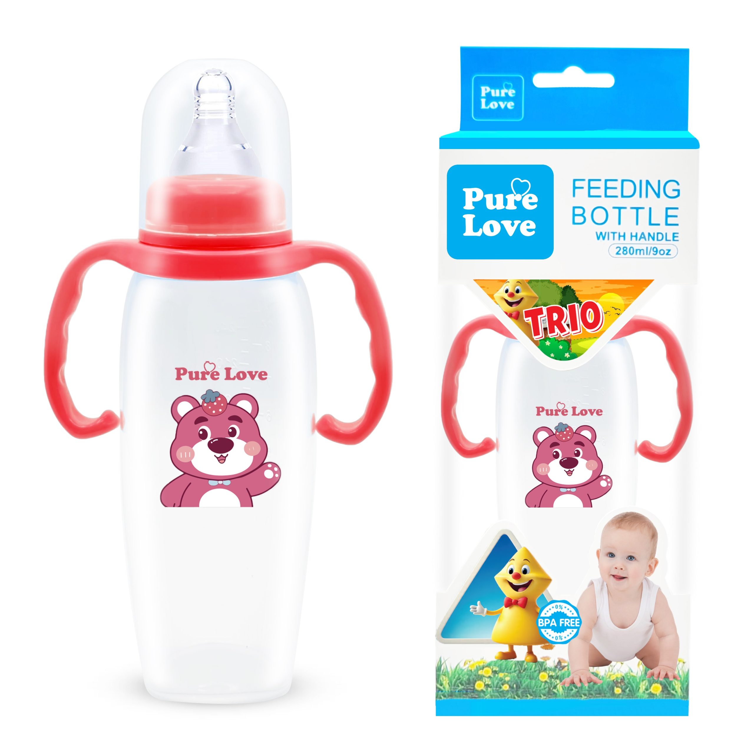 Pure Love Baby Feeding Feeder Bottle – TRIO Series (Transparent, 280ml / 9oz) - Image 6