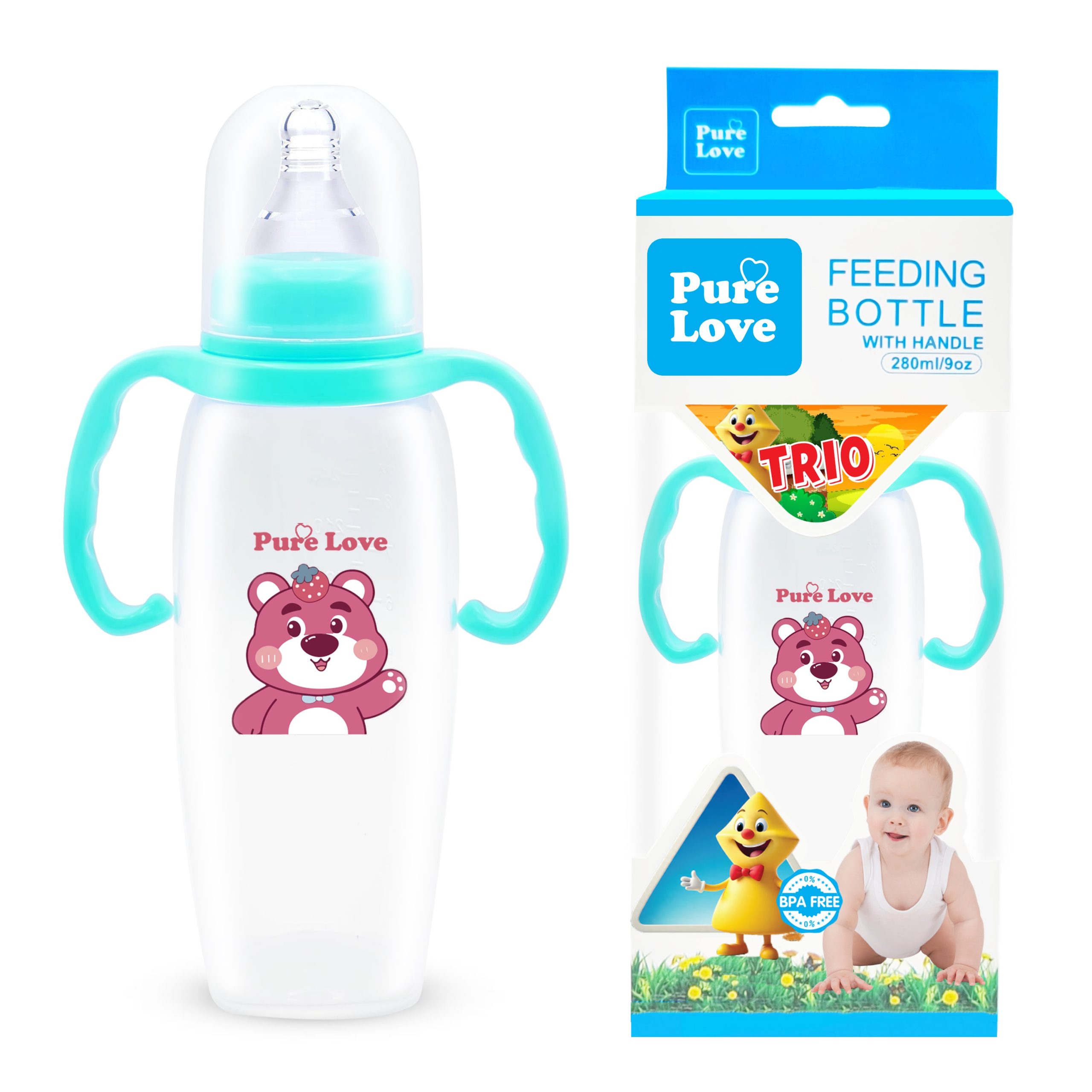 Pure Love Baby Feeding Feeder Bottle – TRIO Series (Transparent, 280ml / 9oz) - Image 7