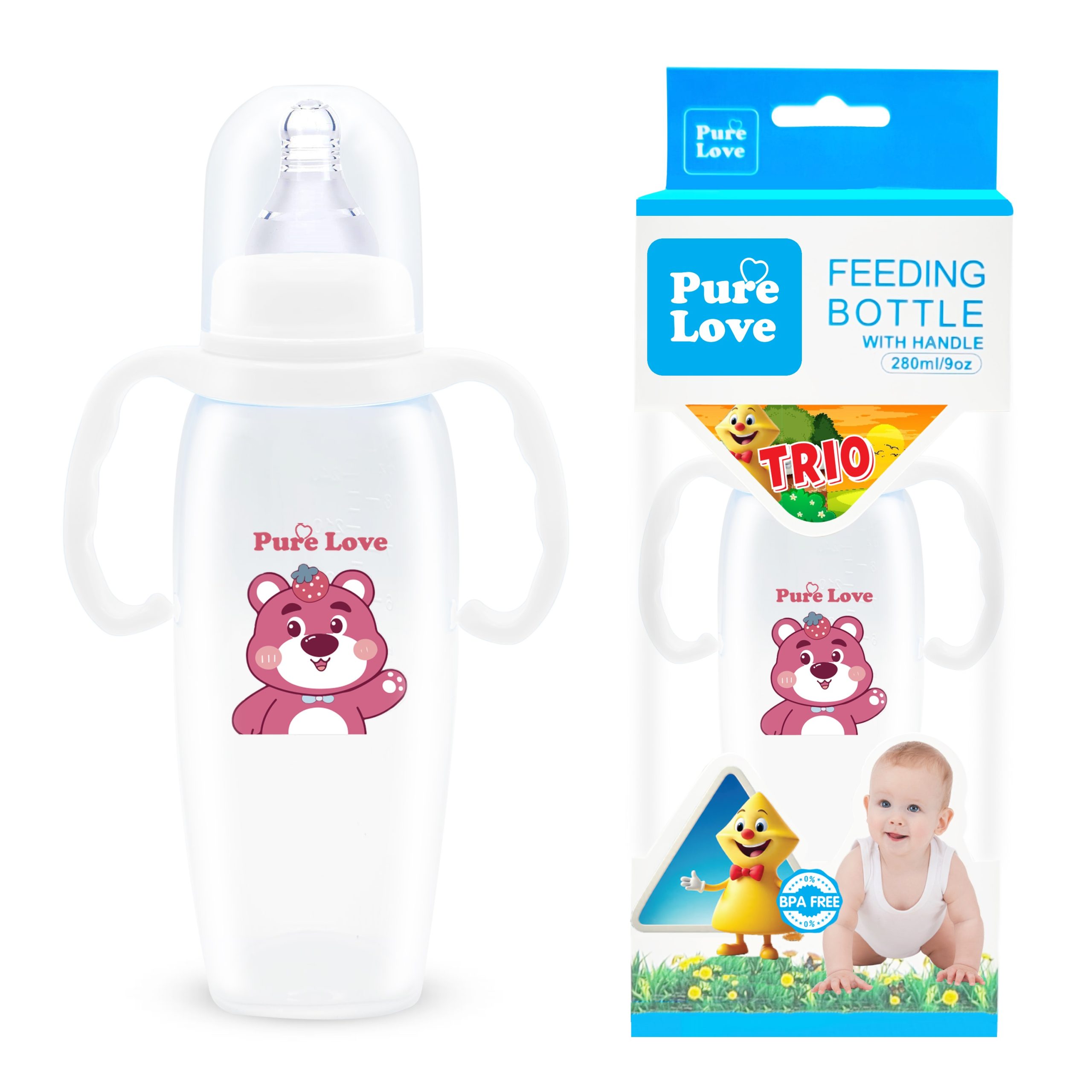Pure Love Baby Feeding Feeder Bottle – TRIO Series (Transparent, 280ml / 9oz) - Image 8
