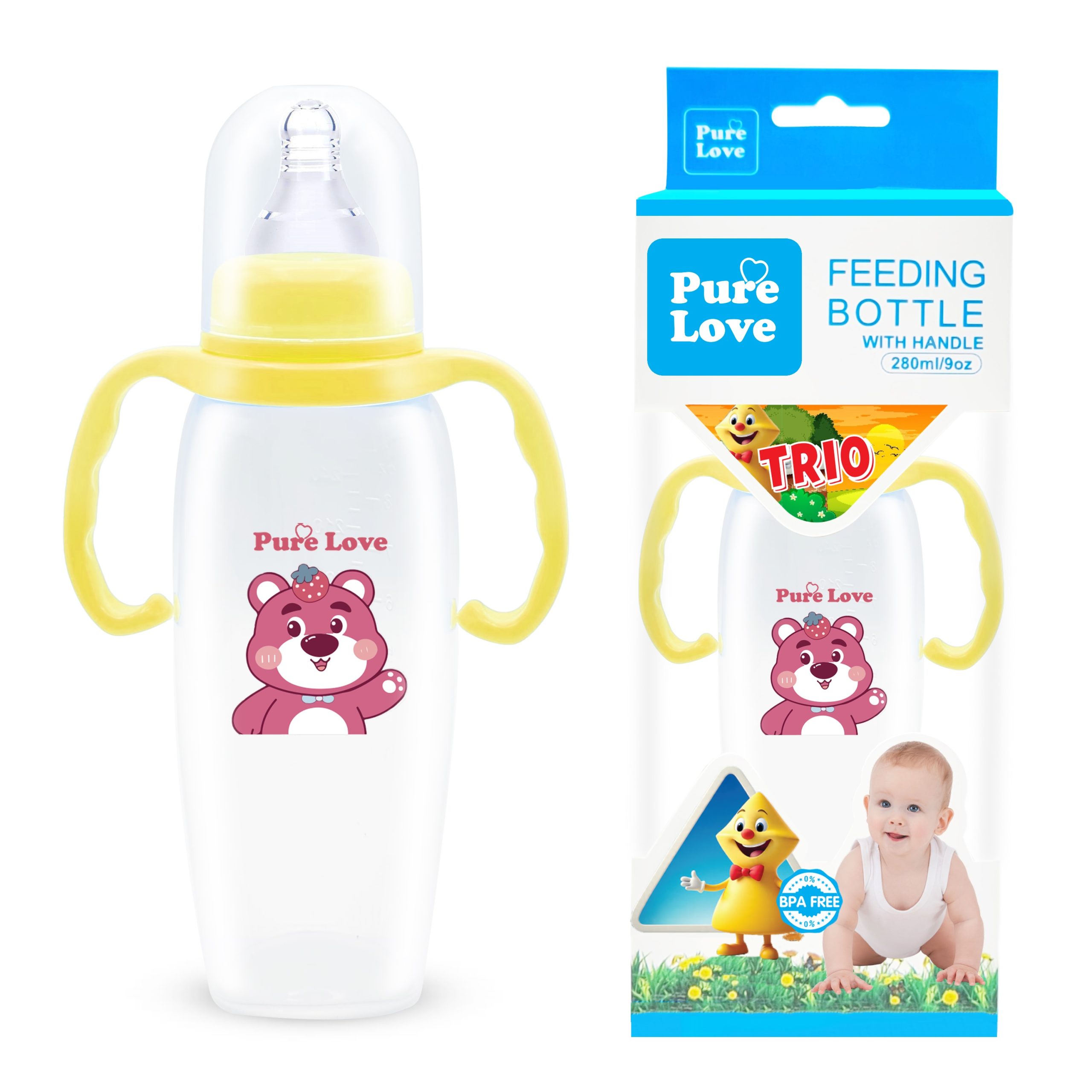 Pure Love Baby Feeding Feeder Bottle – TRIO Series (Transparent, 280ml / 9oz) - Image 9